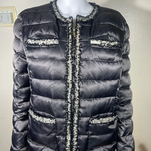 Karl Lagerfeld Black & Gold Tweed Detail Front Zip Puffer Jacket size XL - Picture 3 of 6